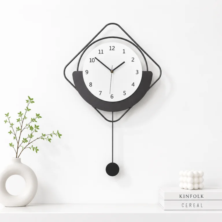 Modern black and white wall clock with minimalist design and decorative accents.
