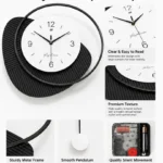 Modern black and white wall clock with silent mechanism and durable metal frame.