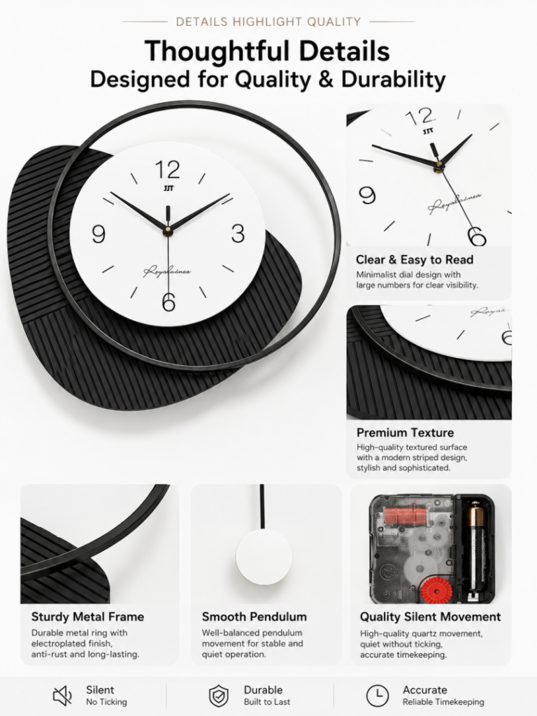 Modern black and white wall clock with silent mechanism and durable metal frame.