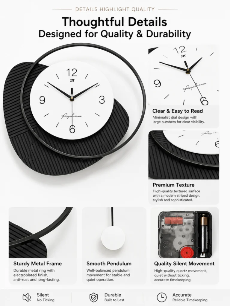 Modern black and white wall clock with silent mechanism and durable metal frame.