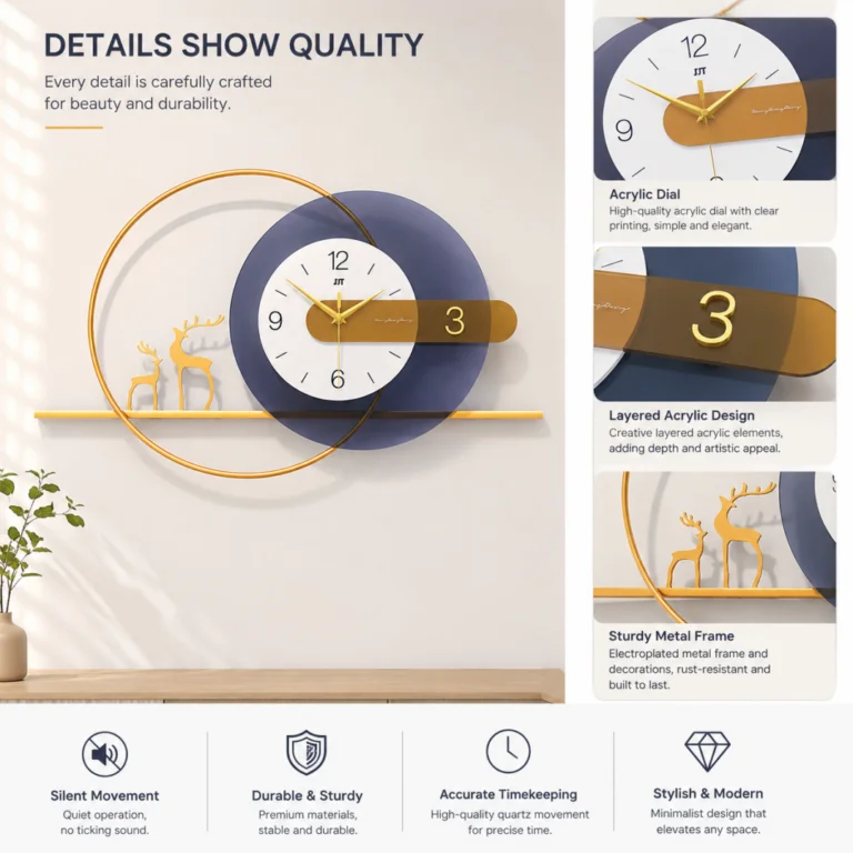 Modern luxury wall clock with acrylic dial and gold accents, featuring silent movement and stylish design.