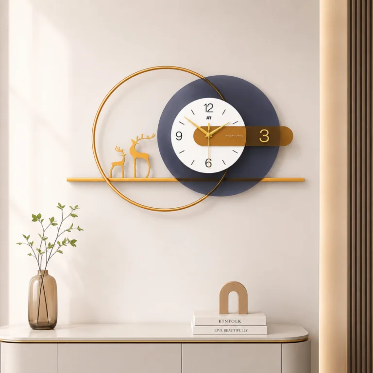 Modern luxury wall clock with gold accents and decorative deer figurines on a shelf.