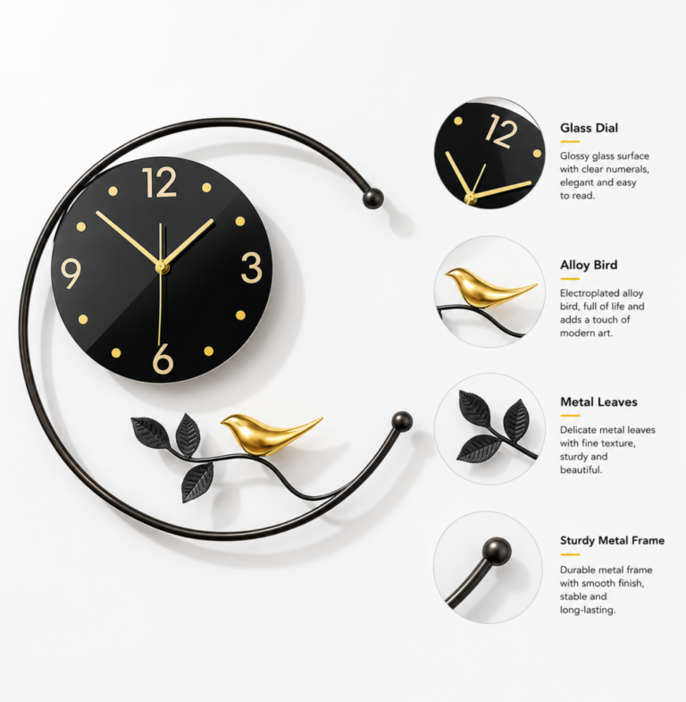 Modern decorative wall clock with gold accents and bird design, featuring a glass dial and metal frame.