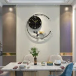 Modern decorative wall clock with bird design in a luxury dining room setting.