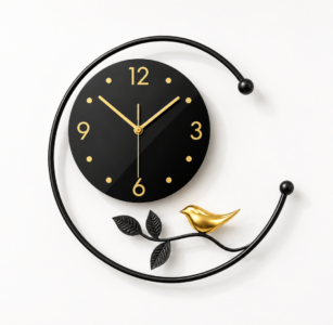 Modern black and gold wall clock with bird design, perfect for luxury home decor.