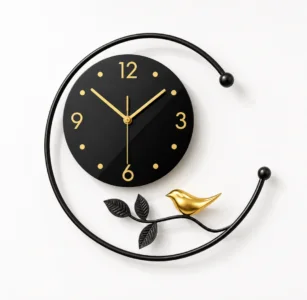 Modern black and gold wall clock with bird design, perfect for luxury home decor.