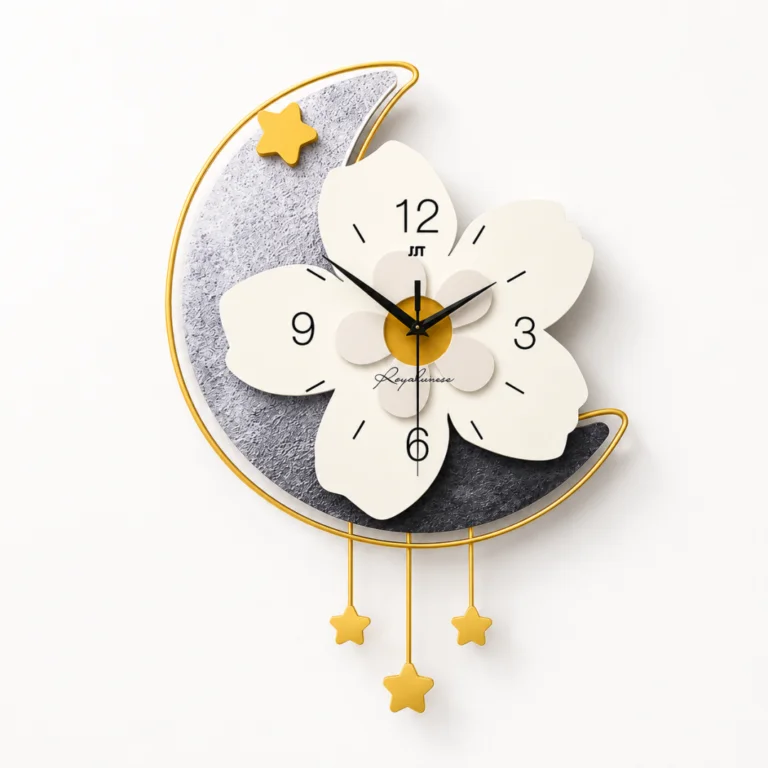 Modern decorative wall clock with floral and crescent moon design, featuring star pendants.