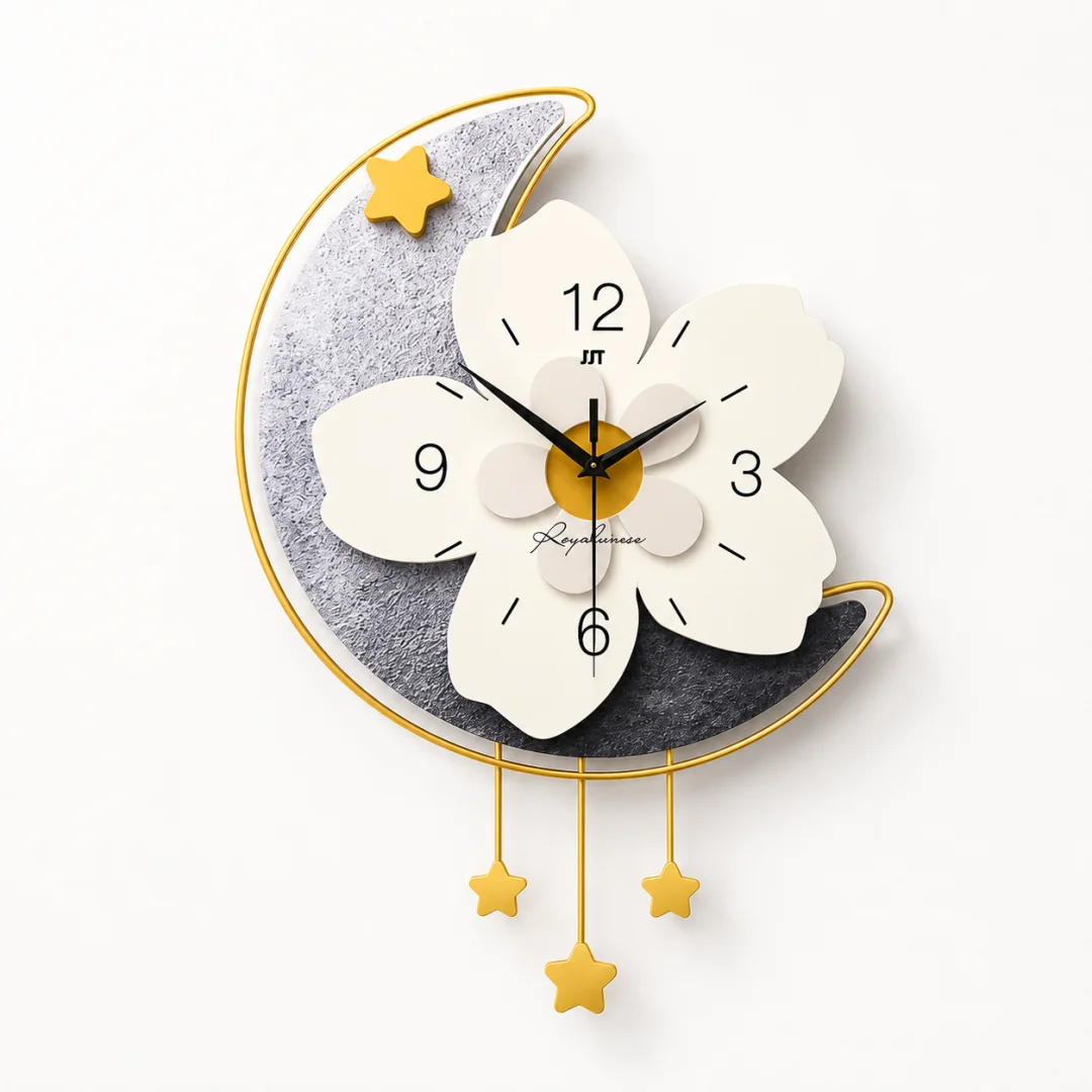 Floral Crescent Moon Wall Clock Modern decorative wall clock with floral and crescent moon design, featuring star pendants.