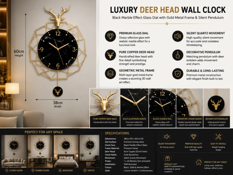 Luxury deer head wall clock with black marble effect and gold metal frame, perfect for modern home decor.
