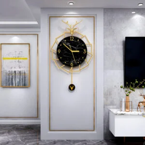 Luxury modern wall clock with gold accents in a stylish living room setting.