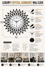 Luxury crystal sunburst wall clock with black metal and crystal accents, 60x60cm, ideal for modern home decor.