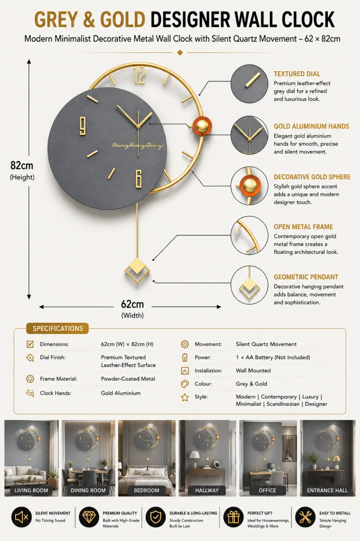 Grey and gold designer wall clock with quartz movement, featuring textured dial and gold accents.