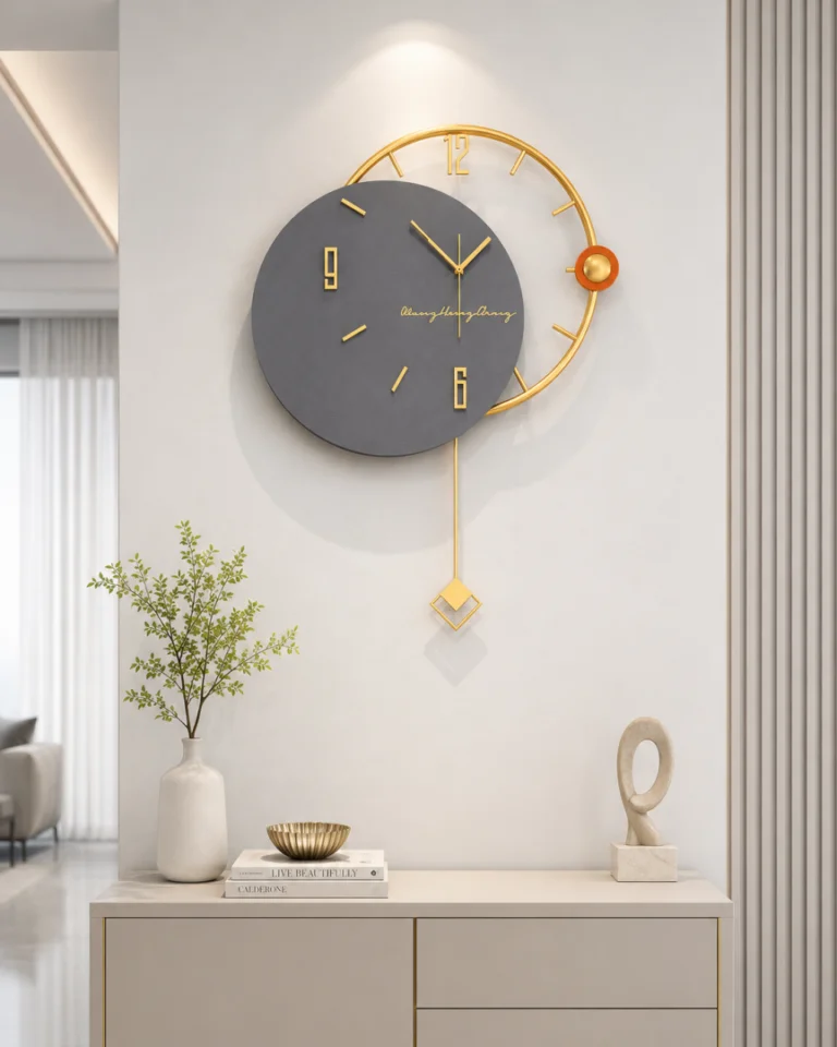 Modern luxury wall clock with gold accents in a stylish living room setting.