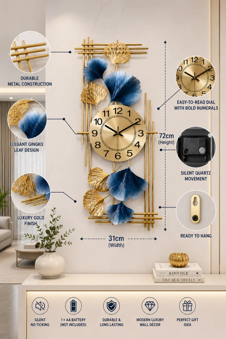 Modern luxury wall clock with gold and blue leaf design, featuring bold numerals and durable metal construction.