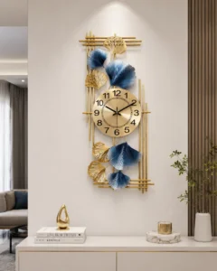 Luxury gold and blue decorative wall clock in modern living room.