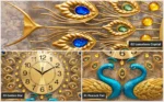 Luxurious crystal wall art with peacock design and golden dial clock.