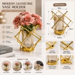 Modern Geometric Gold Metal Vase with Glass Insert – Luxury Decorative Flower Vase Holder 17 × 10.5cm - Image 2