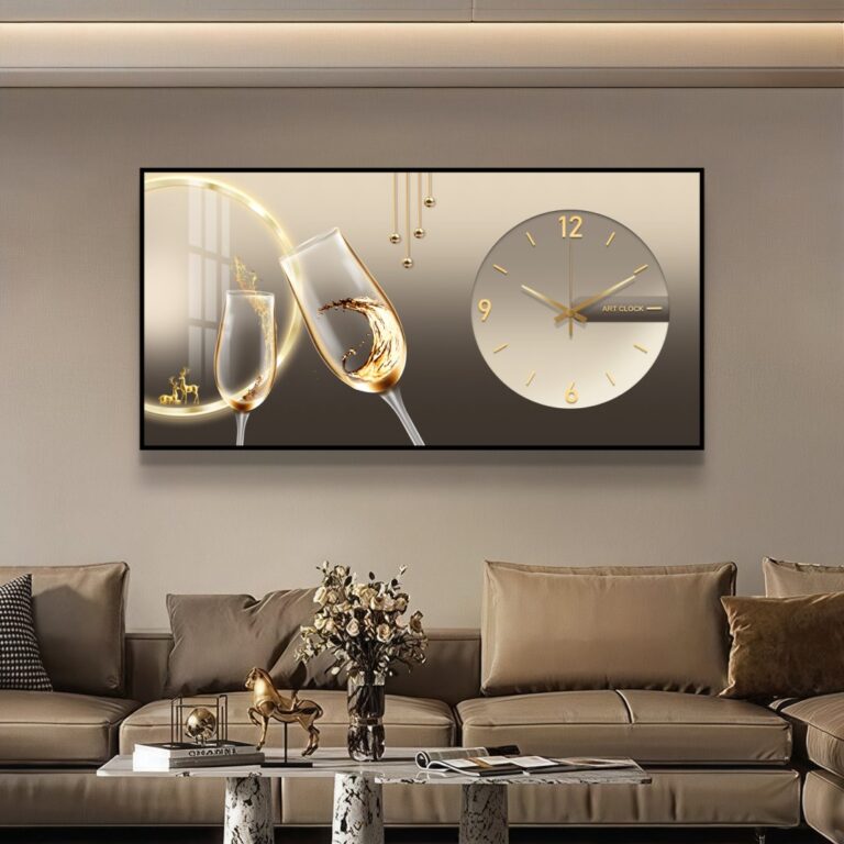 Luxury modern wall art with clock and champagne glasses, perfect for home decor.
