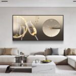 Modern luxury wall art with clock and decorative elements in a stylish living room.