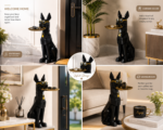 Modern black dog sculpture with gold tray for home decor in entryway and living room.