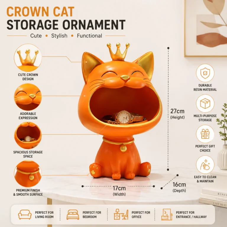 Orange crown cat storage ornament with open mouth design, ideal for home decor and storage.