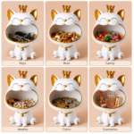 White cat-shaped decorative holders with gold accents for keys, nuts, candy, jewelry, coins, and cosmetics.