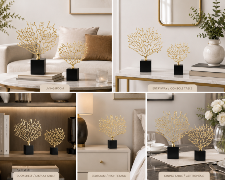 Elegant gold coral sculptures on black bases in various home settings.