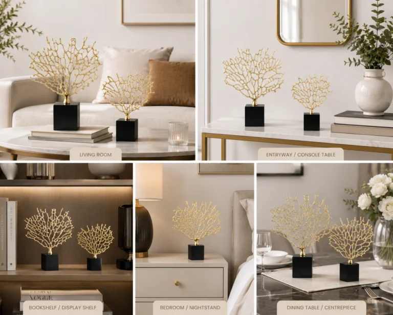 Elegant gold coral sculptures on black bases in various home settings.