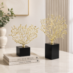 Modern Gold Coral Sculpture Ornament – Decorative Metal Coral Art with Heavy Black Crystal Base