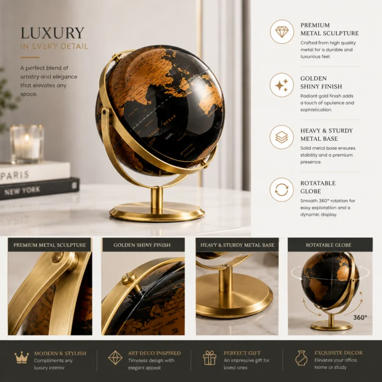 Luxury golden globe sculpture with premium metal finish, ideal for modern home decor.