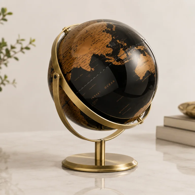 Luxury black and gold globe on a marble surface, modern home decor accessory.