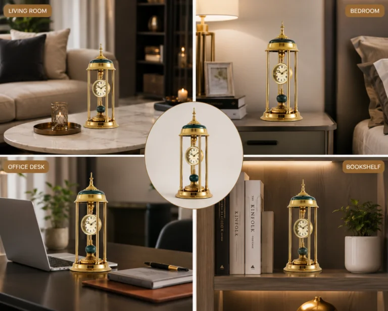 Elegant gold decorative clock displayed in living room, bedroom, office desk, and bookshelf settings.