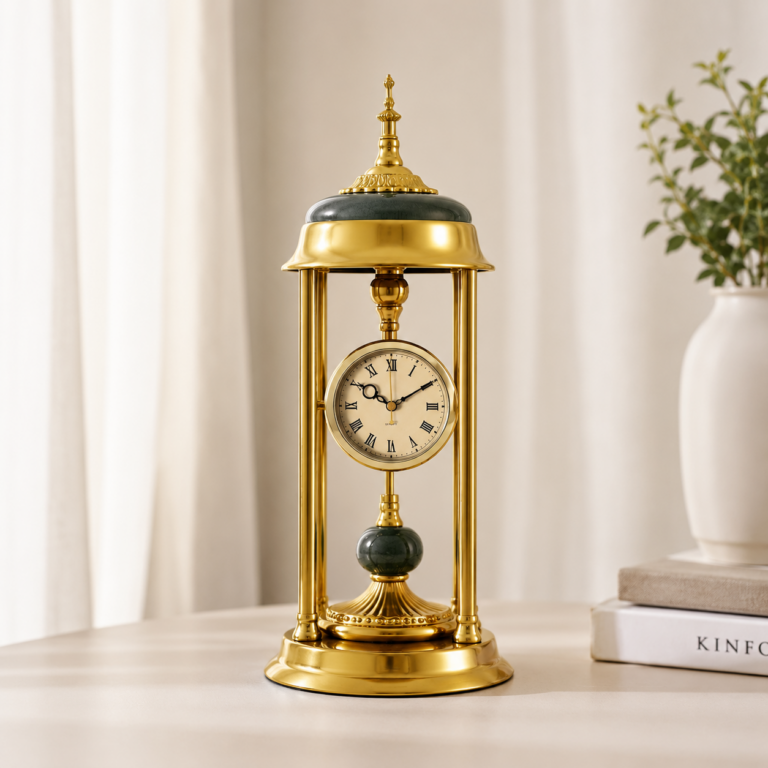 Elegant gold decorative clock with Roman numerals on a table, modern home decor accessory.