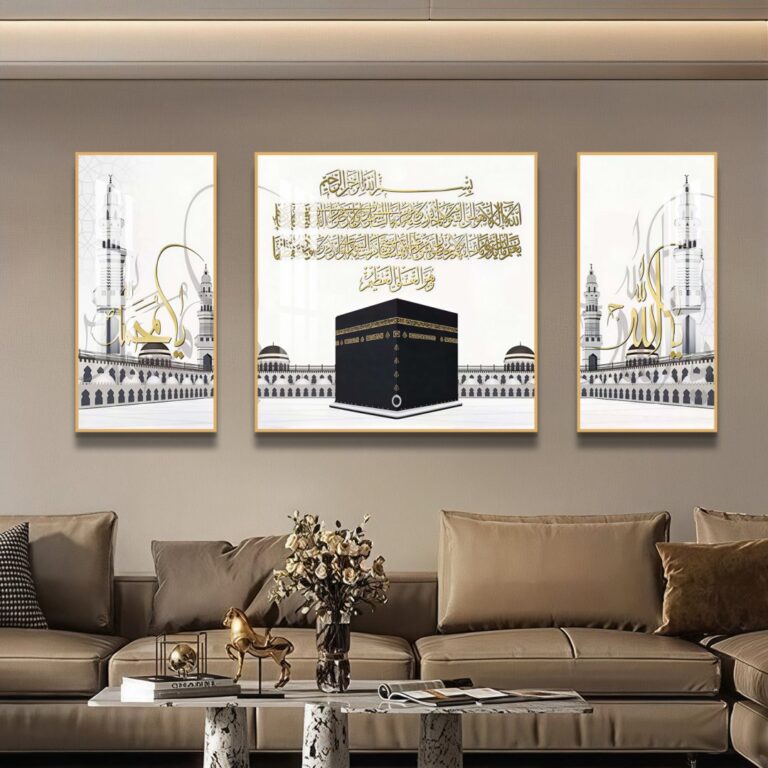 Luxury Islamic wall art with Kaaba and Arabic calligraphy in a modern living room.