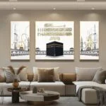 Modern Islamic wall art featuring Kaaba with Arabic calligraphy in a luxury living room setting.
