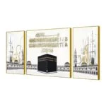 Islamic wall art featuring Kaaba with Arabic calligraphy, modern luxury decor.