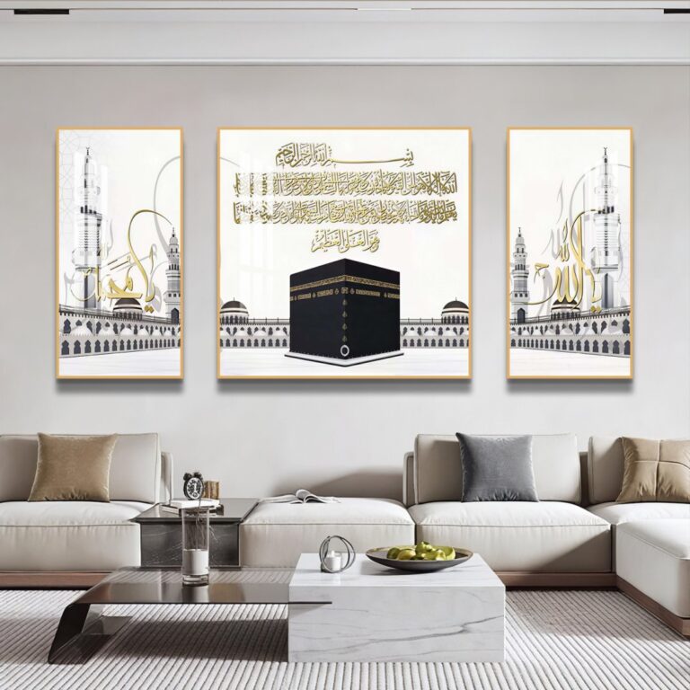 Modern Islamic wall art with Kaaba and Arabic calligraphy in a luxury living room.