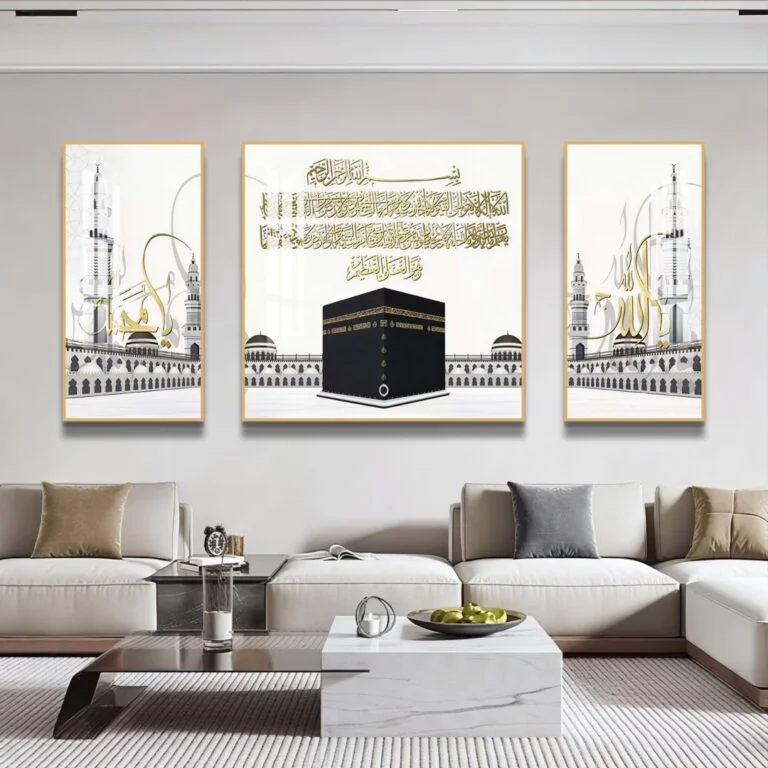 Modern Islamic wall art with Kaaba and Arabic calligraphy in a luxury living room.