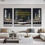 Luxury Islamic wall art with Arabic calligraphy and Kaaba imagery in a modern living room.