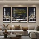 Modern Islamic wall art featuring Kaaba with Arabic calligraphy in a luxury living room setting.