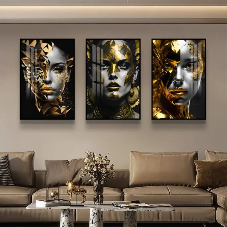 Luxury modern wall art with gold accents in a living room setting.