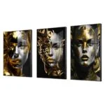 Modern luxury wall art with abstract gold and black portraits.
