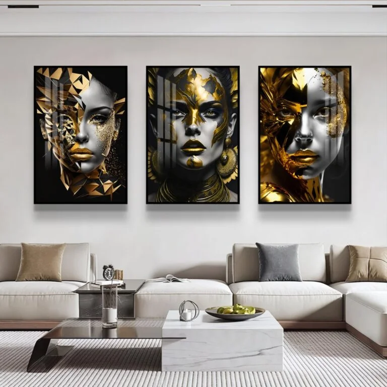 Modern luxury wall art with abstract female portraits in gold and black, enhancing home decor.