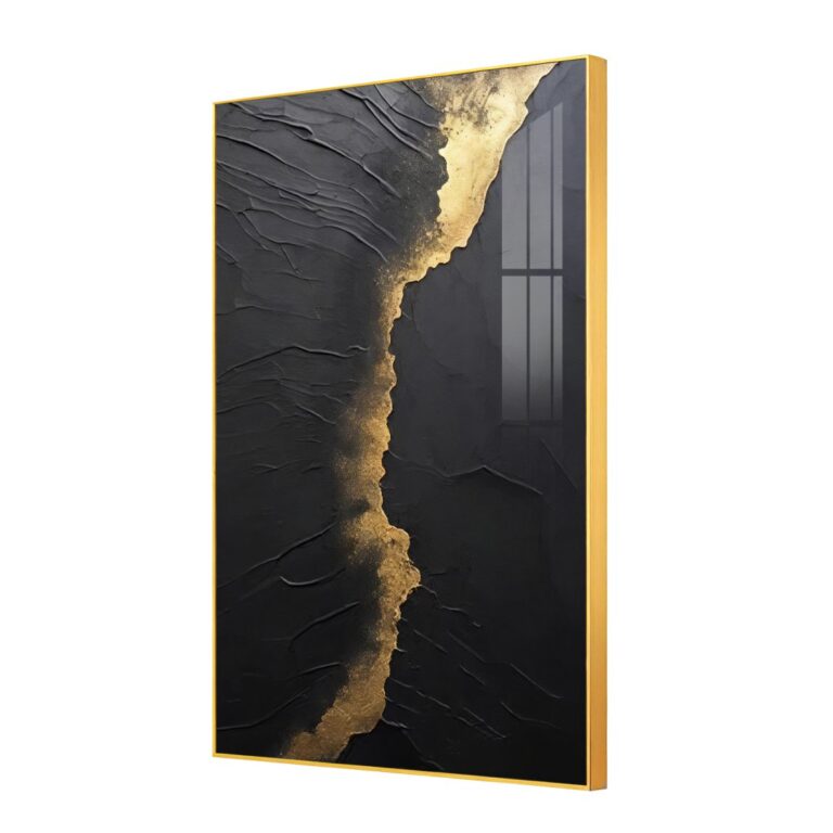 Modern luxury wall art with gold and black abstract design, aluminium frame.