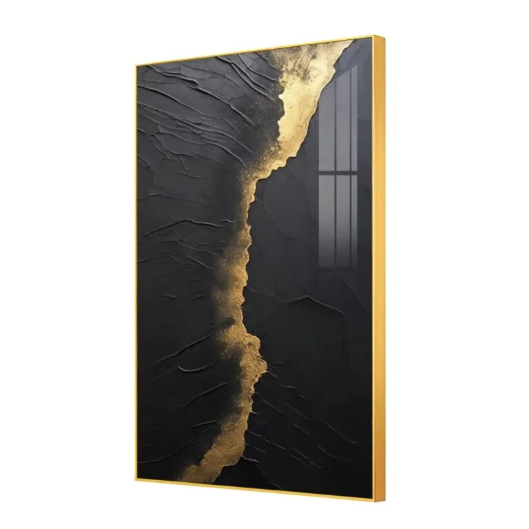 Modern luxury wall art with gold and black abstract design, aluminium frame.