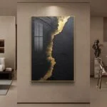 Modern luxury wall art with gold and black abstract design, framed in aluminium.