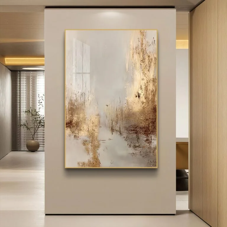 Modern luxury wall art with abstract design in a hallway.