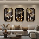 Modern luxury wall art with floral design in a living room setting.