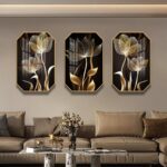 Luxury modern wall art with floral design in gold and black tones, enhancing home decor.