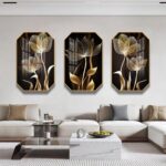 Luxury modern wall art with floral design in a living room setting.